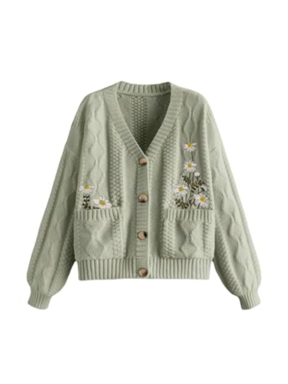 Flower Embroidery Button Down Cardigan Chunky Cable Knit Loose Sweater